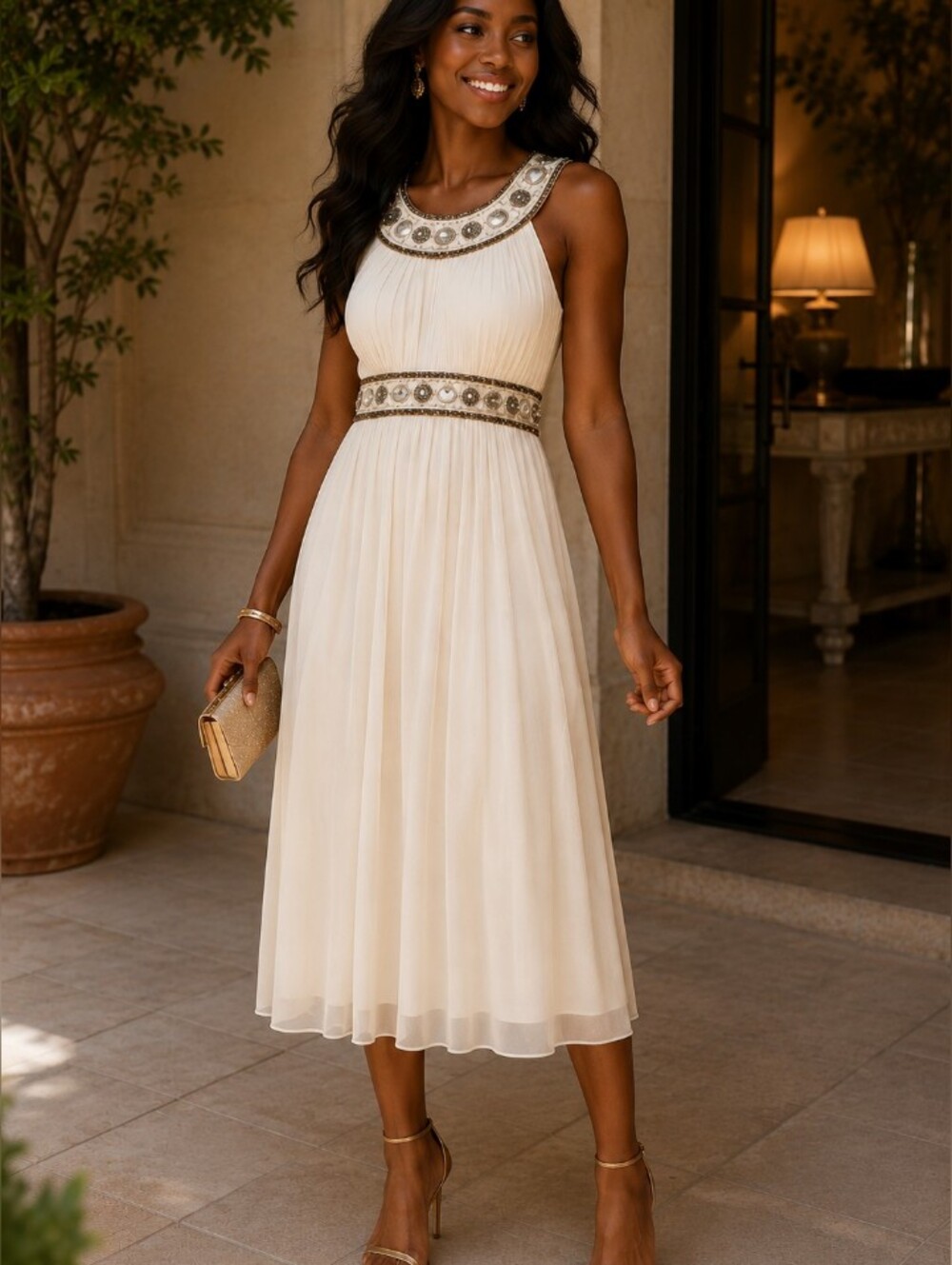 Caché Vintage Grecian Goddess Ivory Bejewelled Silk Dress- Size: 8